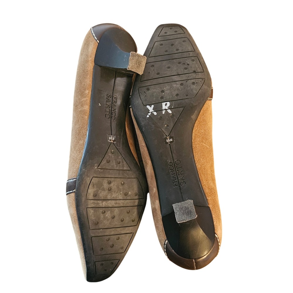 Franco Sarto Womens Tan Suede Kitten Heel Loafers Brown Leather Trim Size 8.5M - Picture 8 of 8